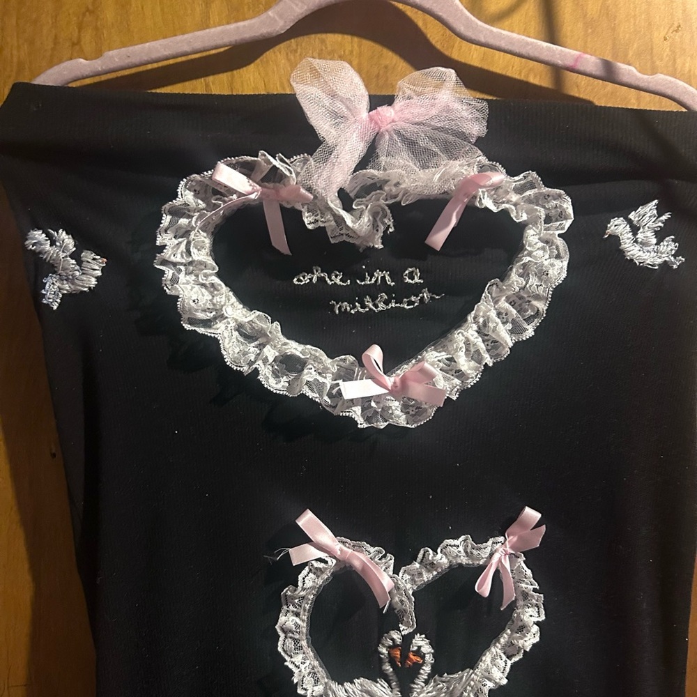 One in a million 🎀 ooak black pink white knit long skirt hearts bows